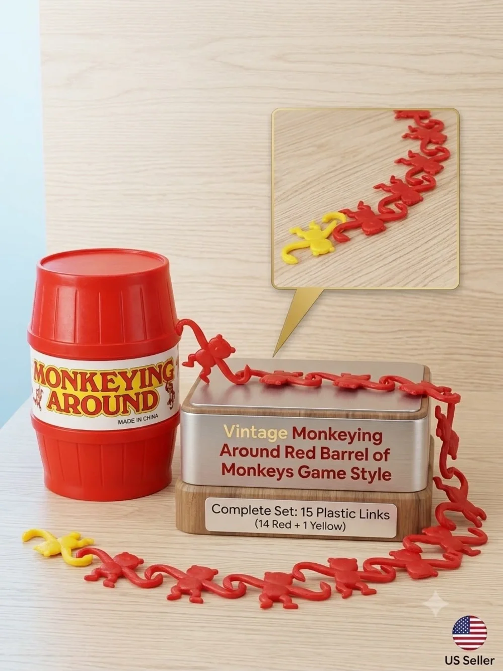 Vintage Monkeying Around Red Barrel of Monkeys Game Style 15 Plastic Links Toy